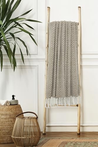 Image of HAKAM Cotton Throw Blanket with Macrame Tassels for 3 Seater Sofa | Ideal for Your Home, Living Room, Sofa, Bed, Chair, Picnic & Used for Gift - 50X70 inch (Beige & White, Small Single)