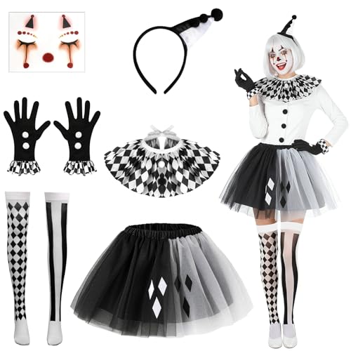 6 PCS Halloween Clown Costume Women, Black and White Clown Hat Headband Neck Ruffle Collar Face Tattoos Gloves Knee High Socks Tutu Skirt, Jester Costume Women for Halloween Carnival Cosplay Party