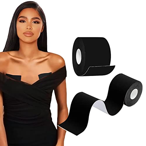 HHOOMY Boob Tape (DIY Lift Boob Job, Push up Breast) Kinesiology Tape Body Tape, Breast Lift Tape, Bra Tape, Foot Tape, Professional Grade Cloth and Waterproof, 5m x 5cm with 2 Packs (Black Color)