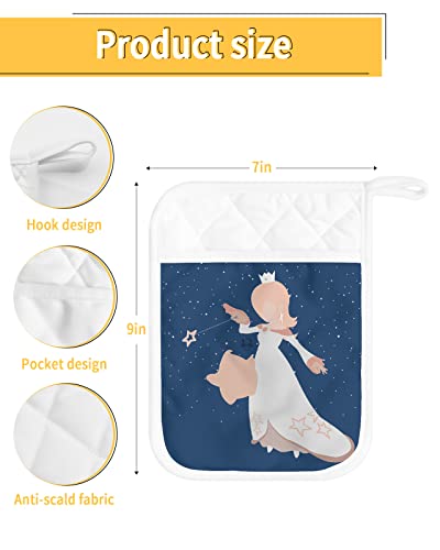 Starry Night Angle Fairy Pot Holders With Pocket For Kitchen, Heat-Resistant Potholders Set Of 2, Hot Pads Oven Mitts With Hanging Loops For Home Cooking Baking Microwave, Star Elves #TOP2