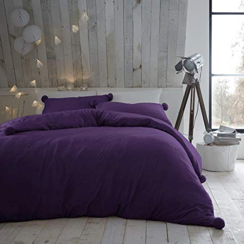 GC GAVENO CAVAILIA Teddy Fleece Duvet Covers Double Bed, Pom Pom Bedding Set, Fluffy Quilt Comforter Cover, Purple