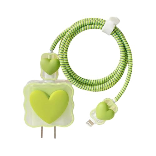 Image of INEFABLE Charger Case Cover Protector with 3D Cute Pattern for iPhone Charger only 18W & 20W, Data Charging Cable Wire Saver Protective Cable Cover Full Protection - Set Of 1 (Green Heart)