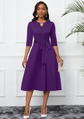 Image of CLOCOR Midi Dresses for Women Casual A-Line Fit and Flare Dress Crewneck 3 /4 Sleeve Keyhole Cocktail Party Church Dress