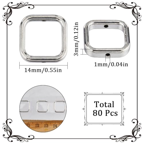 SUNNYCLUE 1 Box 80Pcs 14MM Square Bead Frame Alloy Bead Frames Bulk Tibetan Style Vintage Silver Hollow Metal Frames Beads for jewellery Making Bead Assortments DIY Craft Bracelets Necklaces Earrings - Image 2