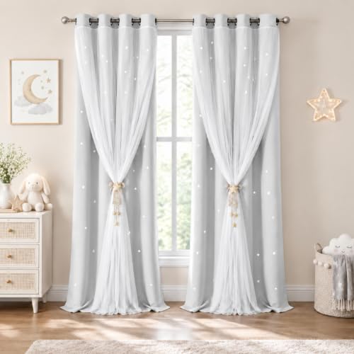 Kinryb Off White Kids Star Cutout Curtains for Bedroom W52 x L108 2 Panels