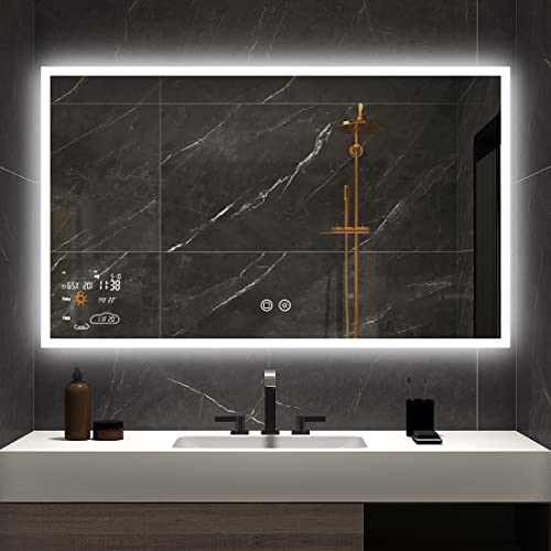 Evokor 40 x 24 Inch Led Smart Bathroom Mirror with Lights, Anti Fog Lighted Vanity Mirror with Weather Time Wall Mounted, White/Warm/Natural Light Dimmable, CRI92, IP54 Waterproof (Horizontal)