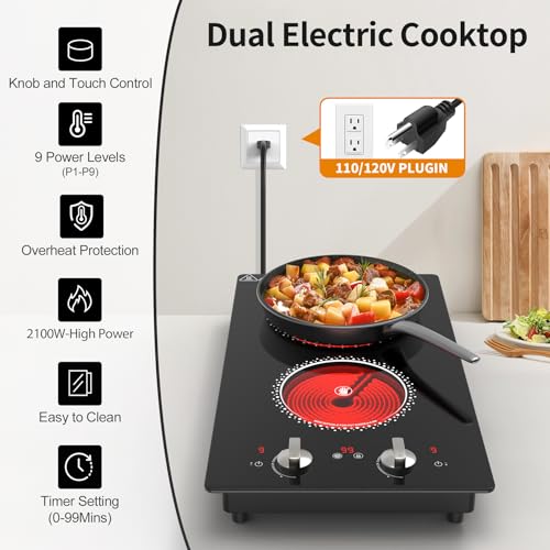 Image of 2 Burner Electric Cooktop - 12 Inch Electric Stove Top with Plug, 2100W Countertop Burners & Built-In Stove Top, 9 Levels of Power, Knob Control, Timer & Kid Safety Lock, Residual Heat Warning