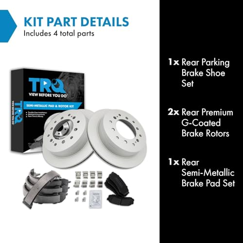 Image of TRQ Rear Brake Pad and Rotor Set Semi Metallic G Coated Rotors Parking Shoe Compatible with 2003-2009 Lexus GX470 Toyota 4Runner 2007-2009 FJ Cruiser 2001-2007 Sequoia