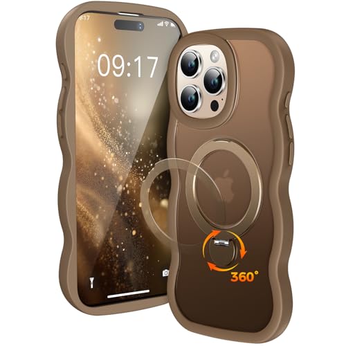 Wave Case for iPhone 15 Pro with 360 Spin Magnetic Stand [Compatible with Mag-Safe] Cute Wavy Frame Translucent Matte Back MIL-Grade Shockproof Case with Kickstand for iPhone 15 Pro Desert Gold