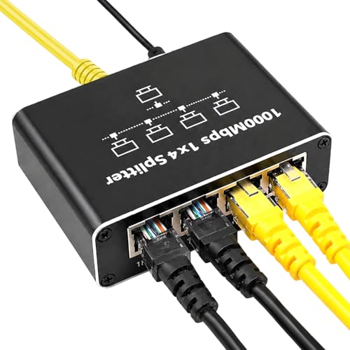 Switch Ethernet 1 a 4 1000Mbps Gigabit, RJ45 Ethernet Splitter Hub Network de Red Metálico Duplicador con Cable de Alimentación USB para Ordenadores Routers Switches Decodificadores y Smart TV