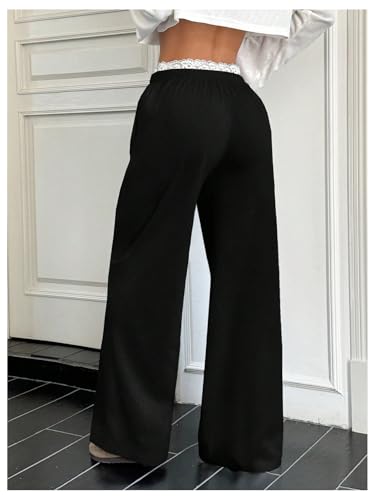 SweatyRocks Women's Plus Size Wide Leg Sweatpants Baggy Elastic Waist Eyelet Lace Trim Sweat Pants with Pocket Trousers4