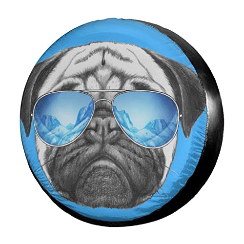 Delerain Pug with Sunglasses Spare Tire Covers Waterproof Dust-Proof Spare Wheel Cover Universal Fit for Trailer, RV, SUV, Truck and Many Vehicle (17 Inch for Diameter 31