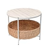 happimess SAT2000C Carly 24.21' Modern Coastal Round Acacia Wood/Water Hyacinth Coffee Table with Storage Basket, Table for Living Room and Bedroom, Natural/White