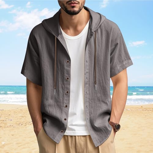 Mens Linen Hooded Shirts Short Sleeve Button Down Solid Loose Fit Lightweight Summer Beach Casual Tops 20252