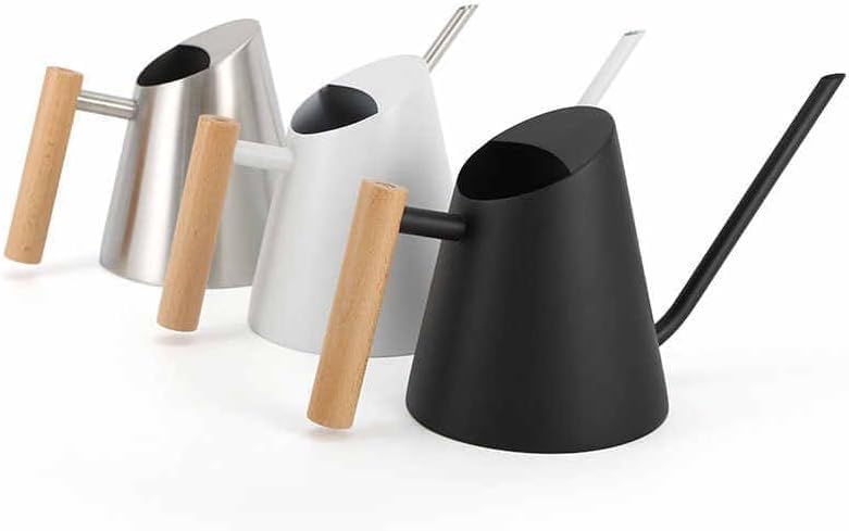 Modern Indoor Watering Can with Long Spout, Wooden Handle, 3 Colors - Black, White, Silver (Black)