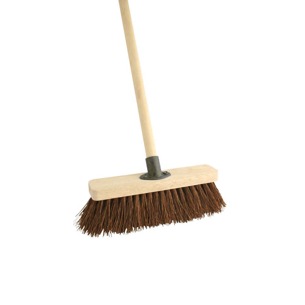12" Stiff Bassine Broom Head with Handle Wooden Outdoor Garden Yard Cleaning Sweeping Brush