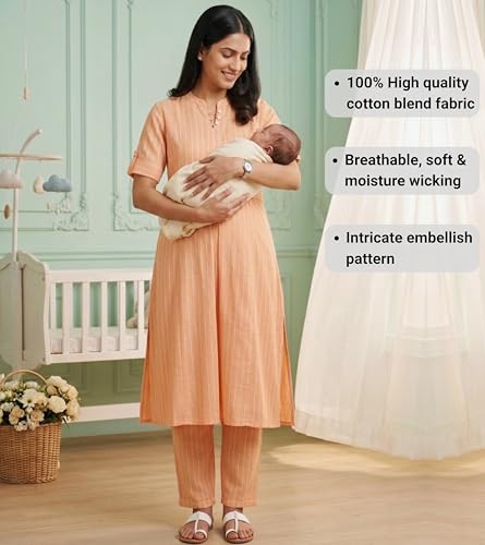 Image of DUMMY SHAPE Feeding Dresses for Women Full Set | Cotton Blend Maternity Kurta Pant Suit with Dual Nursing Zippers, Side Pocket to Pre & Post Pregnancy | Mom to Be Gifts