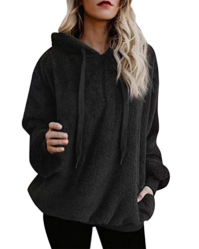 ACHIOOWA Sweat Shirt Hooded Femme Tops à Manches Longues Hiver Sweat-Shirt Coton Sweats à Capuche Blouson Casual Pull Elegant 1-Noir L