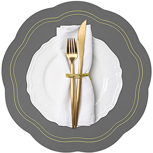 Grey Placemats Set of 4, Round Faux Leather Place Mats Indoor, Summer Outdoor Placemats for Patio Table, Washable Wipeable Dining Table Mats for 4th July Thanksgiving Christmas Party Home Decor