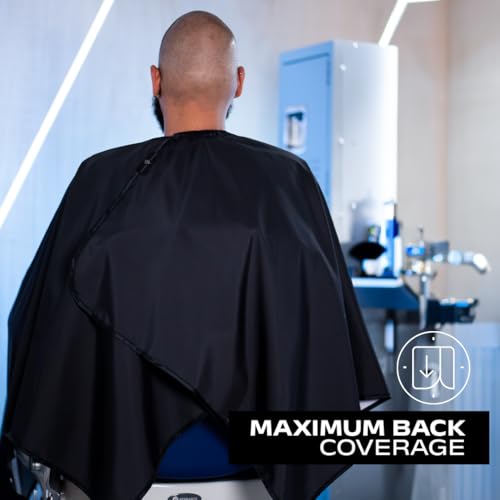 Barber Strong The XL Barber Cape Haircut Cover for Men, 60" Width x 70" Long, Extra Wide Stretch Comfort Neck Closure, Hair Repelling and Static-Reducing, Water Resistant - Black
