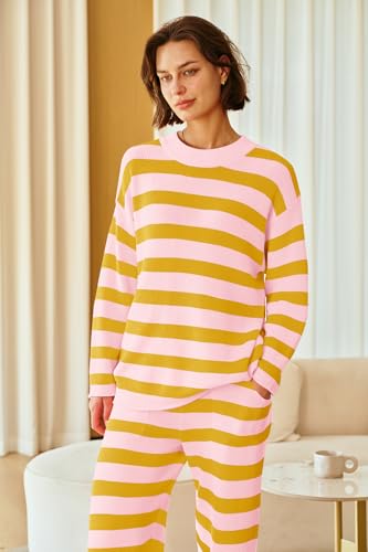 Image of SENSERISE Womens Striped Set Sweater Lounge Sets | Pajamas Set, Loungewear Set, Oversized Knit Sweater, Wide Leg Pants with Pockets, Fall Outfits, Pants Set