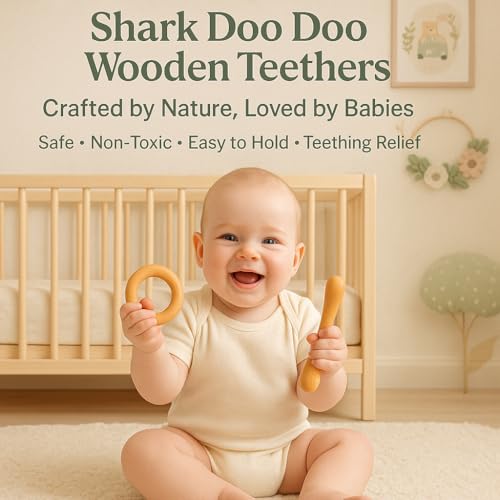 Image of Shark Doo Doo Neem Wood Baby Teether Combo (Ring & Stick) | Organic & Handcrafted | Chemical-Free, Antibacterial Teething Toy for Babies