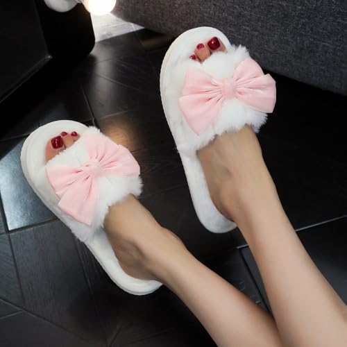 Coquette Bow Slippers for Women Fluffy Slides Comfort Wear Shoes Wide Open Toes Lightweight Breathable Warm Memory Foam Fuzzy Backless Pillow Slippers Home Indoor Bedroom Cute Matching Gift for Couple4