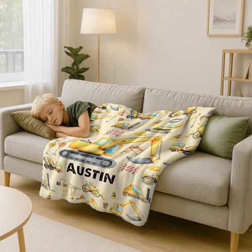 Image of Personalized Baby Blanket with Name, Custom Name Blanket for Kids Soft Flanne Blankets in Easter Personalized Baby Gifts for Infant Newborn Shower (Excavator)