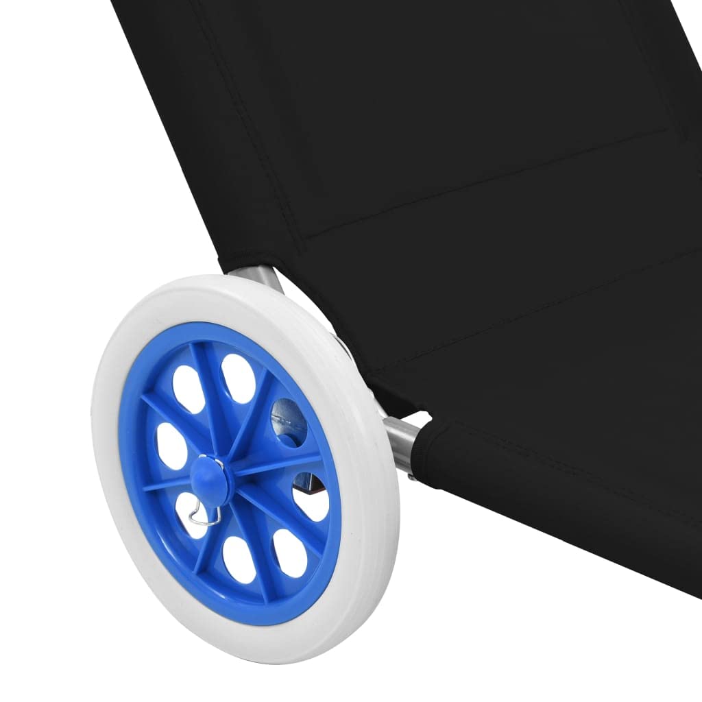 Krzesło outdoorowe, leżanka kempingowa, meble tarasowe, leżanka plażowa, leżak składany z ochroną przed słońcem i kółkami, stal czarna, na patio, na taras, basen