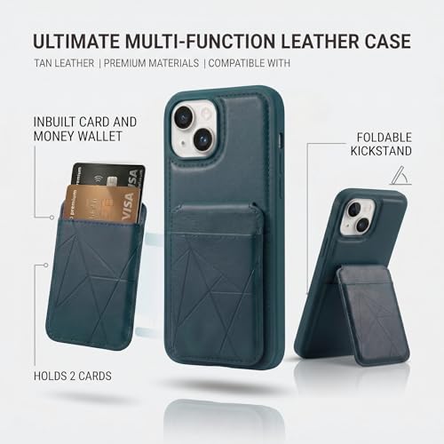 Image of amazon basics Premium Vegan Leather Back Cover with Card Holder and Integrated Mobile Stand for iPhone 15 - Slim Shockproof Wallet Case with Geometric Stitching [Blue]