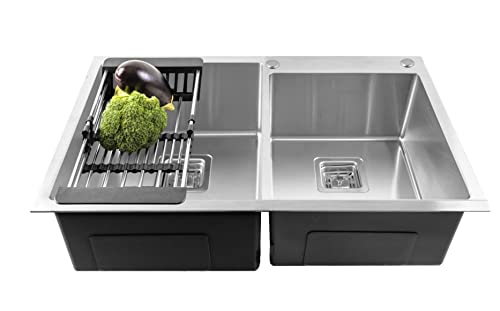Image of Fossa 32 inchx18 inchx10 inch inch Double Bowl With Tap Hole Premium Stainless Steel Handmade Kitchen Sink (Matte Finish) Silver