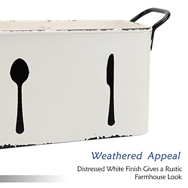NIKKY HOME Farmhouse Utensil Holder for Countertop, Flatware Cutlery Caddy Silverware Holder Spoons Knives Forks Organizer Kitchen Decor - Distressed White