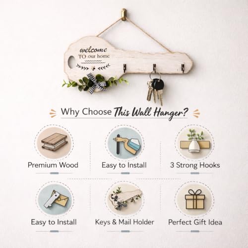 Image of CraftVatika Wooden Key Holder for Wall with 3 Hooks, Key Shape Wall Hanging Organizer Rack, Decorative Entryway Holder for Home Entrance, Wall Mounted Stand, Housewarming Gift, Home Decor Items
