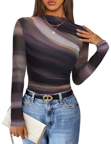 ZESICA Fall Floral Long Sleeve Tops for Women 2025 Mock Neck Mesh Ruched Slim Fit Going Out T Shirts Trendy Blouses