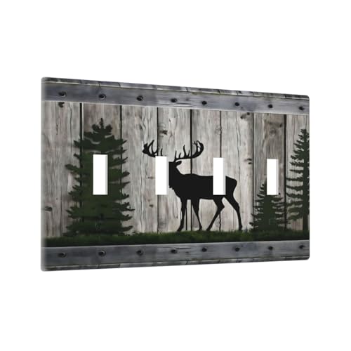 Decorative Light Switch Cover Plate Rustic Deer Elk Forest Grey Wood Board 4 Gang Wall Plate Oversized Quad Toggle Switch Cover Plate Jumbo Faceplate for Farmhouse Decor