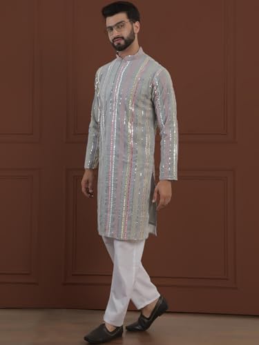Sojanya Luxe (Since 1958) Men'S Georgette Sequinned Mirror Embroidered Kurta With Pyjama2