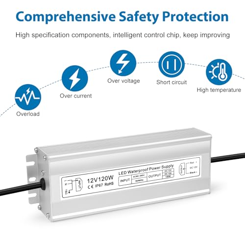 Image of LED Driver 120W 12V Power Supply, IP67 Waterproof Low Voltage Transformer, AC 80-265V to DC 12V 10A Converter for Outdoor Landscape Lighting and LED Strip Lights, 3-Prong Plug with 3.3FT Cable