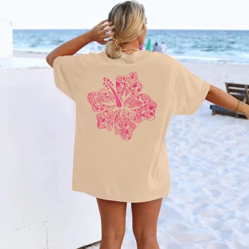 Image of Hawaiian T Shirts for Women Oversized Aesthetic Hibiscus Flower Beach Shirt Teens Preppy Tropical Graphic Tee Tops