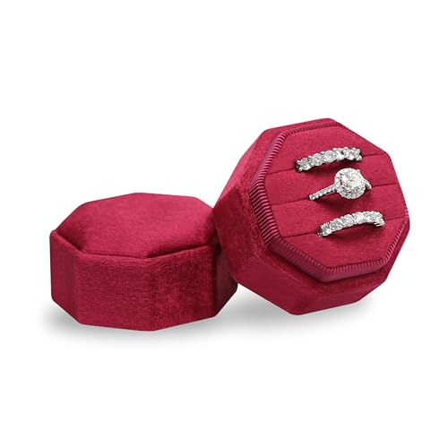 BLUTETE Velvet Ring Box, 3 Slots Jewelry Ring Gift Box Ring Display Holder Case for Wedding Ceremony Proposal Engagement (Red)