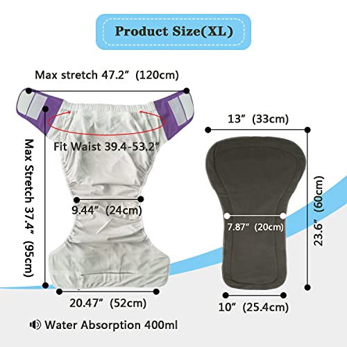 2 Pack Adult Cloth Diapers With Diaper Inserts, Washable Reusable Adult Diaper Cover Elderly Incontinence Protection Nappies Underwear Adult Diaper For Women Man, Waist 39.4-53.2” (Purple Xl) #TOP4