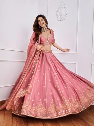 Image of RUKHA FAB Women's Bridal Silk Lehenga Choli Set with Intricate Embroidery and Dupatta for Wedding Reception Festive Celebration