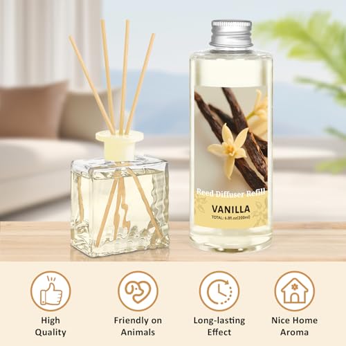 Image of STRN Reed Diffuser Oil Refill, Vanilla Scented Diffuser Oil Refills with 6 Reed Sticks 200ML(6.8fl.oz), Room Fresheners for Home, Long-Lasting Summer Fragrance for Living Room, Bedroom, Office