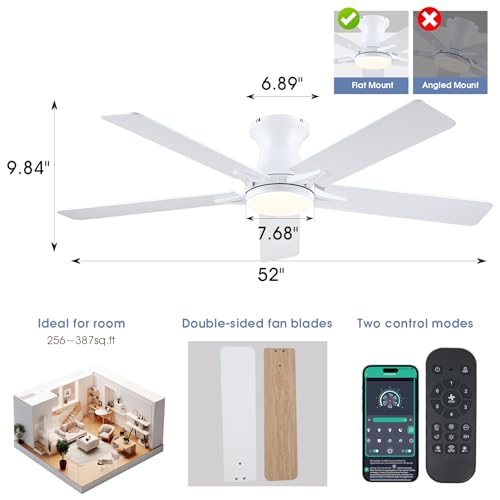 Image of 52 inchModern White Low Profile Flush Mount Ceiling Fans with Light and Remote | Supports Remote and APP, 6 Wind Speeds, Reversible, Dimmable 3 Light Colors LED Light, Noiseless 30W DC Motor,2H Timer