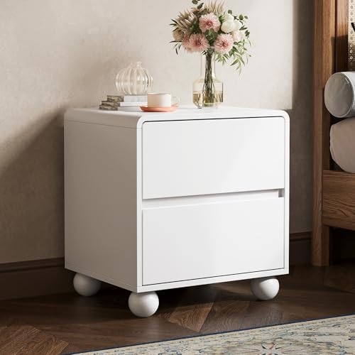 Image of MAISONARIA Curved Nightstand Set of 2, Modern Nightstand with 2 Large Storage Drawers, Wooden Endside Table for Bedroom, White