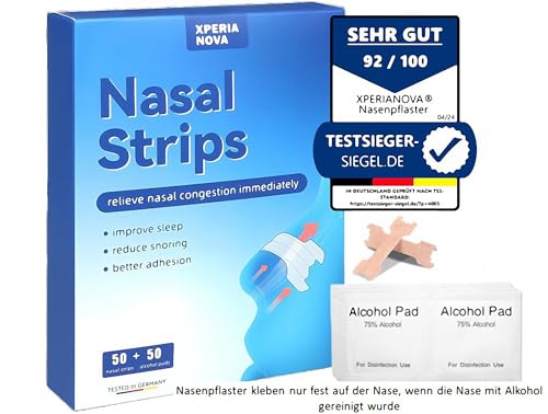 XperiaNova® Nasenpflaster + Alkoholpads (jeweils 50 Stück), extra stark, Nasenspreizer, Nasenstrips, Schnarchen, besser schla
