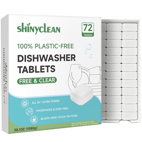 Shinyclean 100% Plastic-Free Dishwasher Detergent Tablets, 72 Count, Free & Clear, All-in-One Dishwashing Pods, Enzyme-Powered for Stuck-On Food, Phosphate & Dye Free, Residue-Free Sparkling Shine