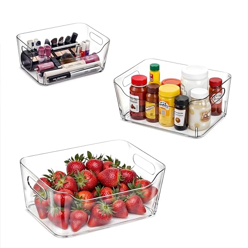My Happy Home 3 Pcs Clear Plastic Fridge & Cabinet Organiser, Large BPA-free Container with Handles, Pantry Bins for Vegetables Fruits Drinks Snacks Durable