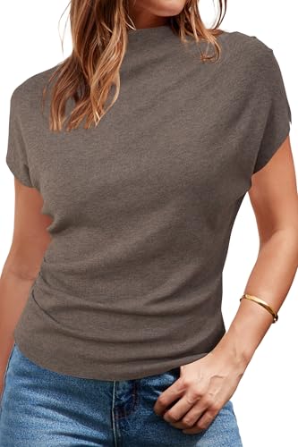 Arach&Cloz Women's Ruched Summer Tops Mock Neck Cap Sleeve Slim Fit Blouses 2025