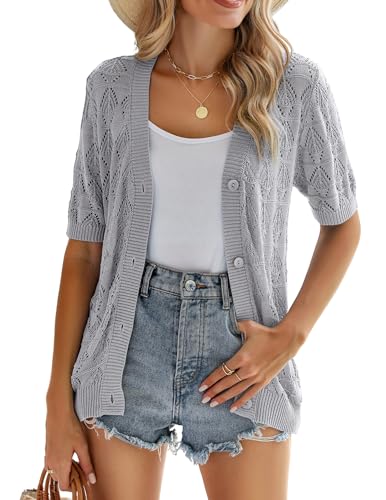 Zeagoo Women's Shrugs for Dresses 2026 Summer Crochet Knit Button Down Cropped Cardigans Sweaters Grey