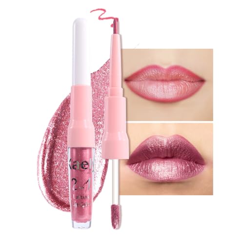 Image of evpct Warm Pink Metallic Glitter Lip Liner and Lipstick Combo Lip Gloss Stain Set Makeup for Women Long Lasting Waterproof 24, Baby Pink Metallic Shimmer Frosted Iridescent Glossy Liquid Lipstick 12